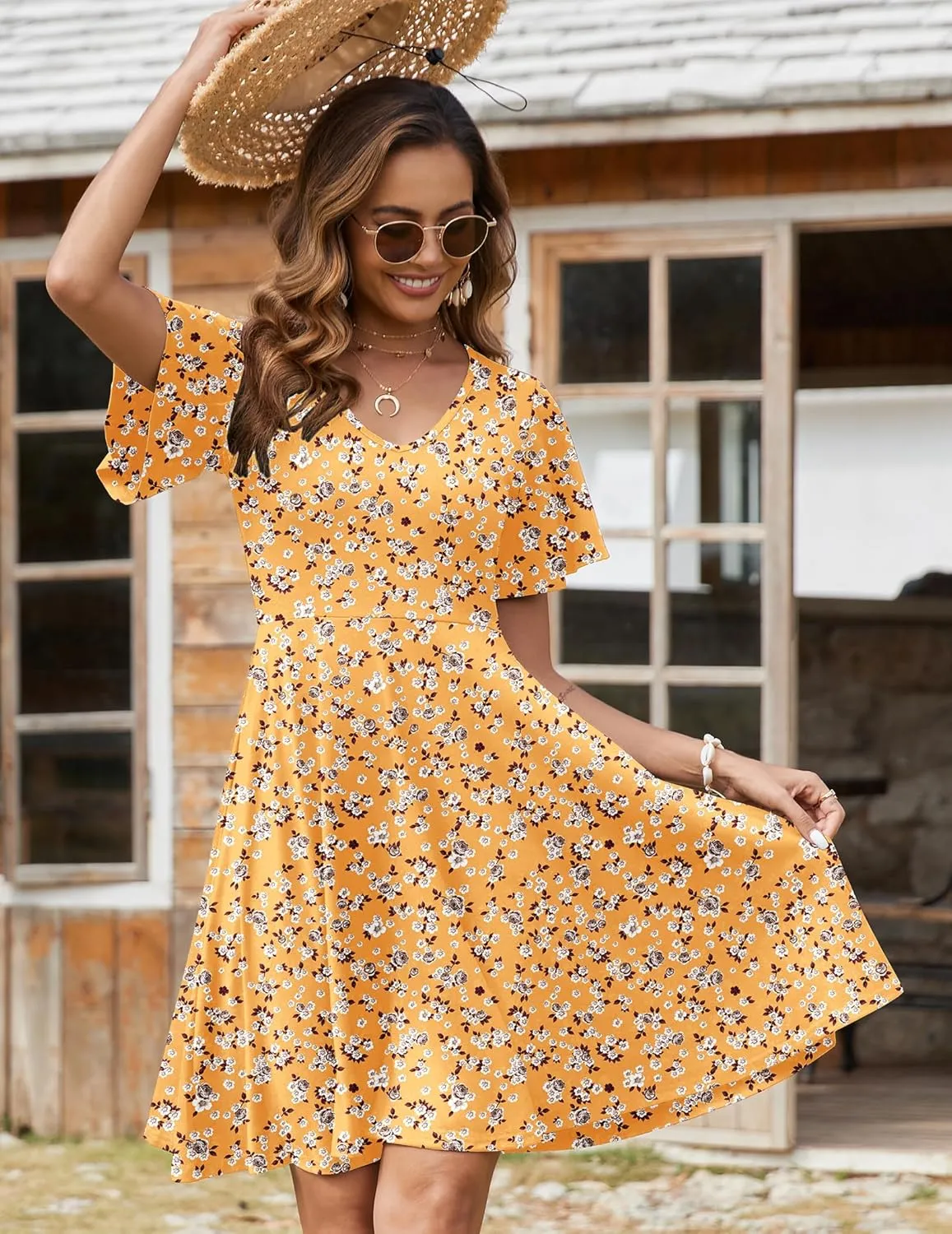 Zeagoo Womens Casual Swing Floral Ruffle Short Sleeve Sundresses