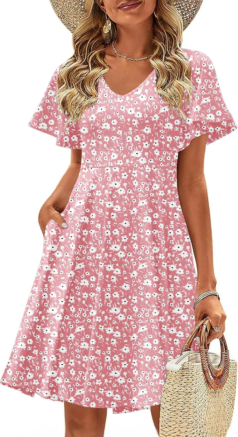 Zeagoo Womens Casual Swing Floral Ruffle Short Sleeve Sundresses