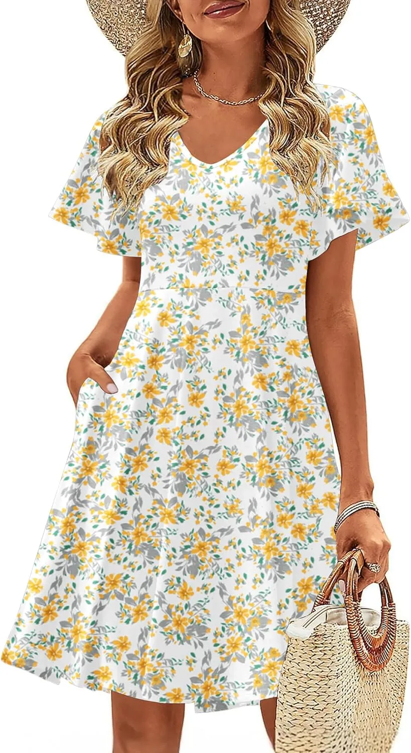 Zeagoo Womens Casual Swing Floral Ruffle Short Sleeve Sundresses