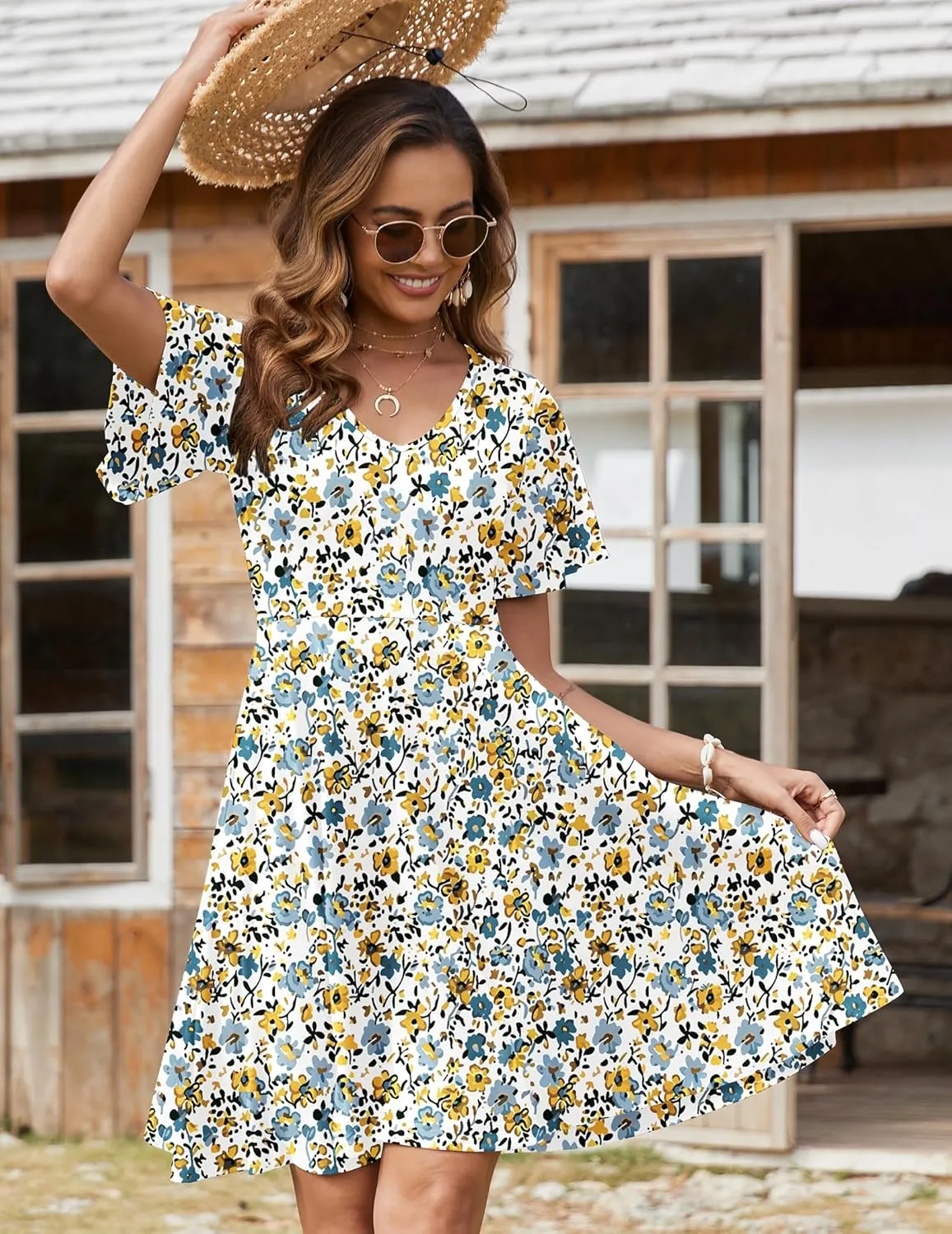 Zeagoo Womens Casual Swing Floral Ruffle Short Sleeve Sundresses