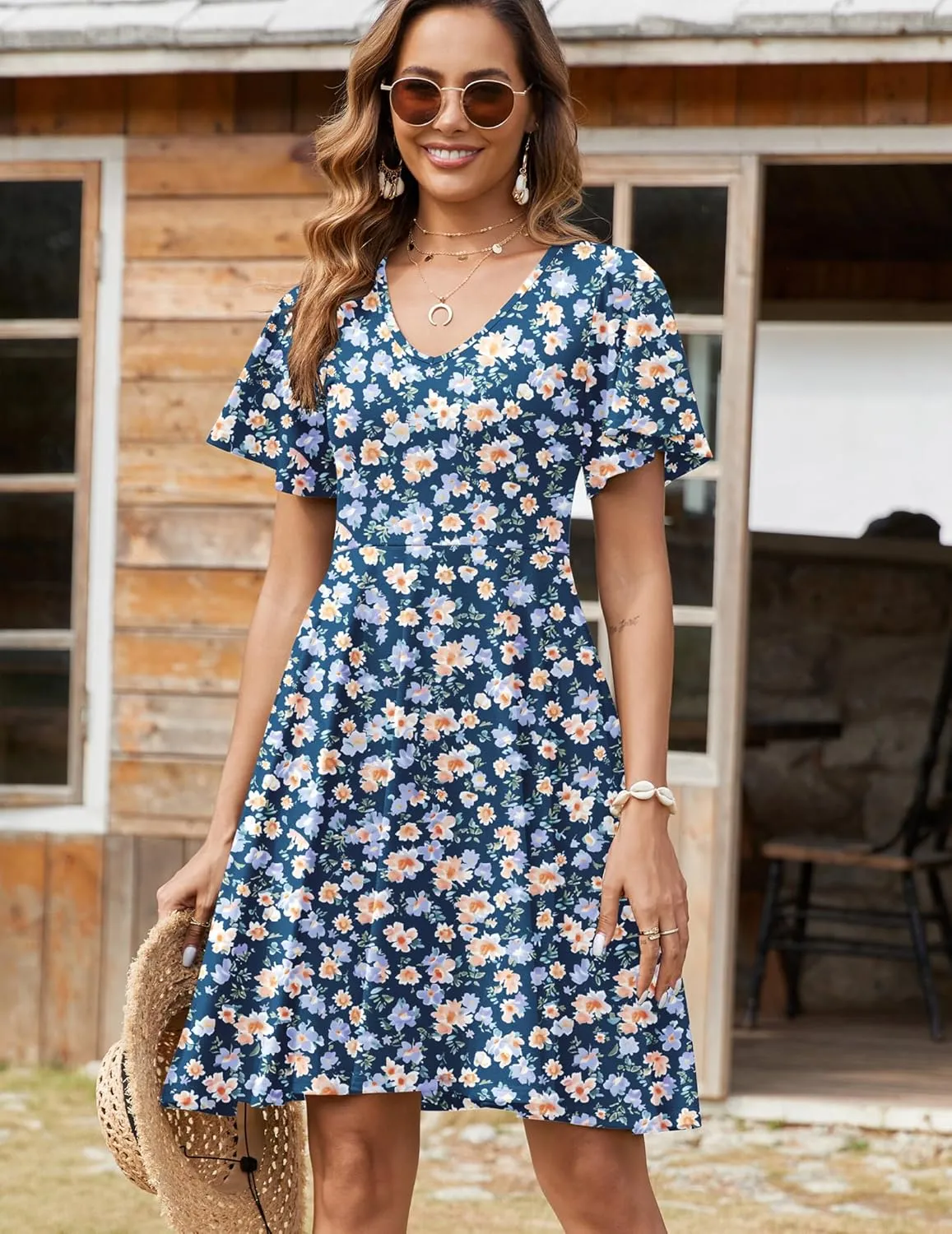 Zeagoo Womens Casual Swing Floral Ruffle Short Sleeve Sundresses