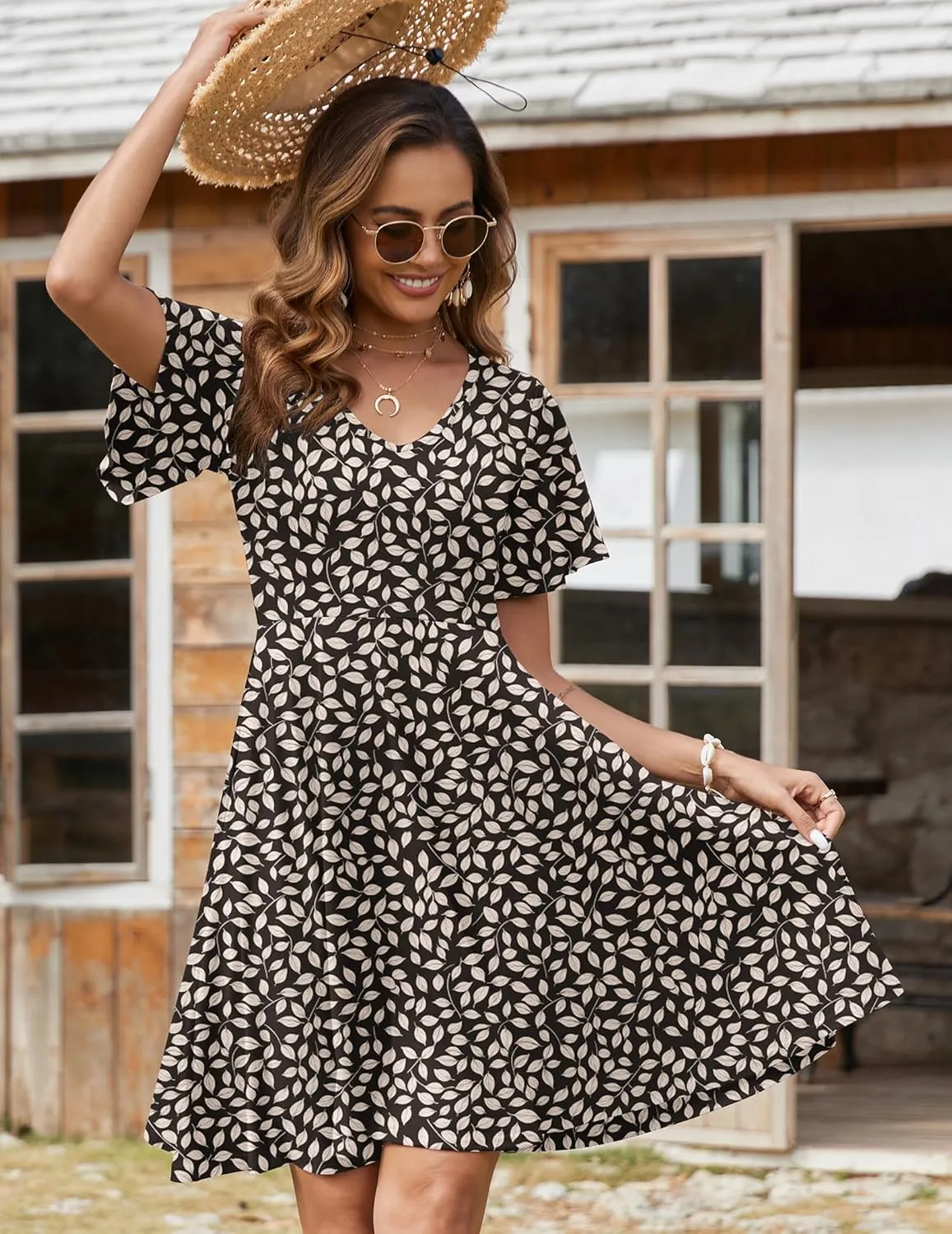 Zeagoo Womens Casual Swing Floral Ruffle Short Sleeve Sundresses