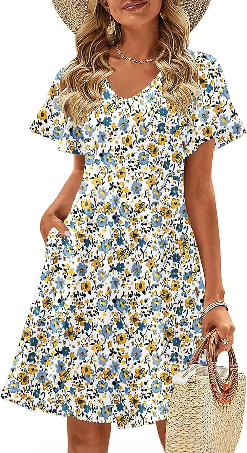 Zeagoo Womens Casual Swing Floral Ruffle Short Sleeve Sundresses