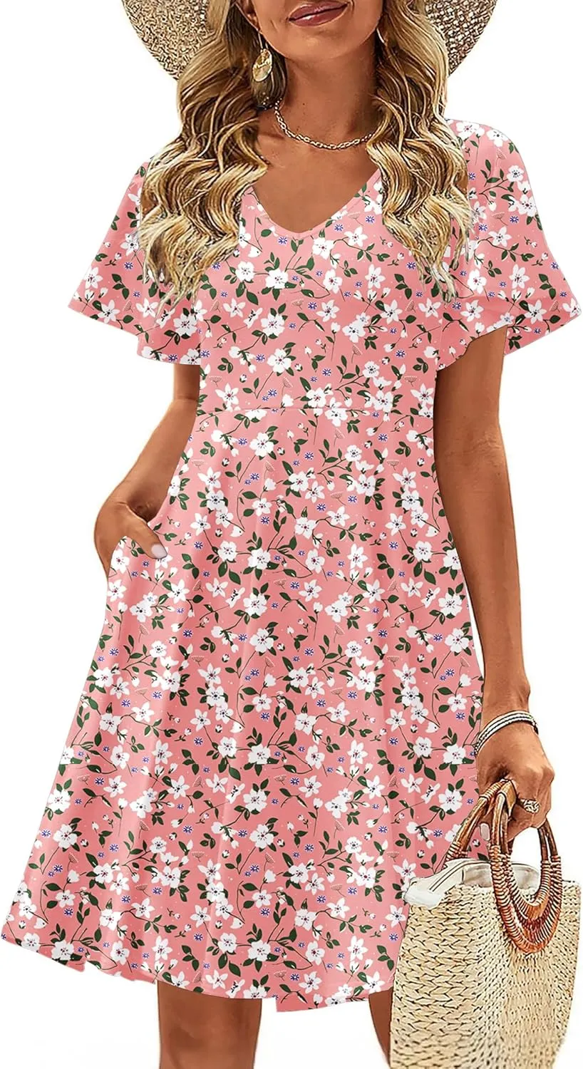 Zeagoo Womens Casual Swing Floral Ruffle Short Sleeve Sundresses