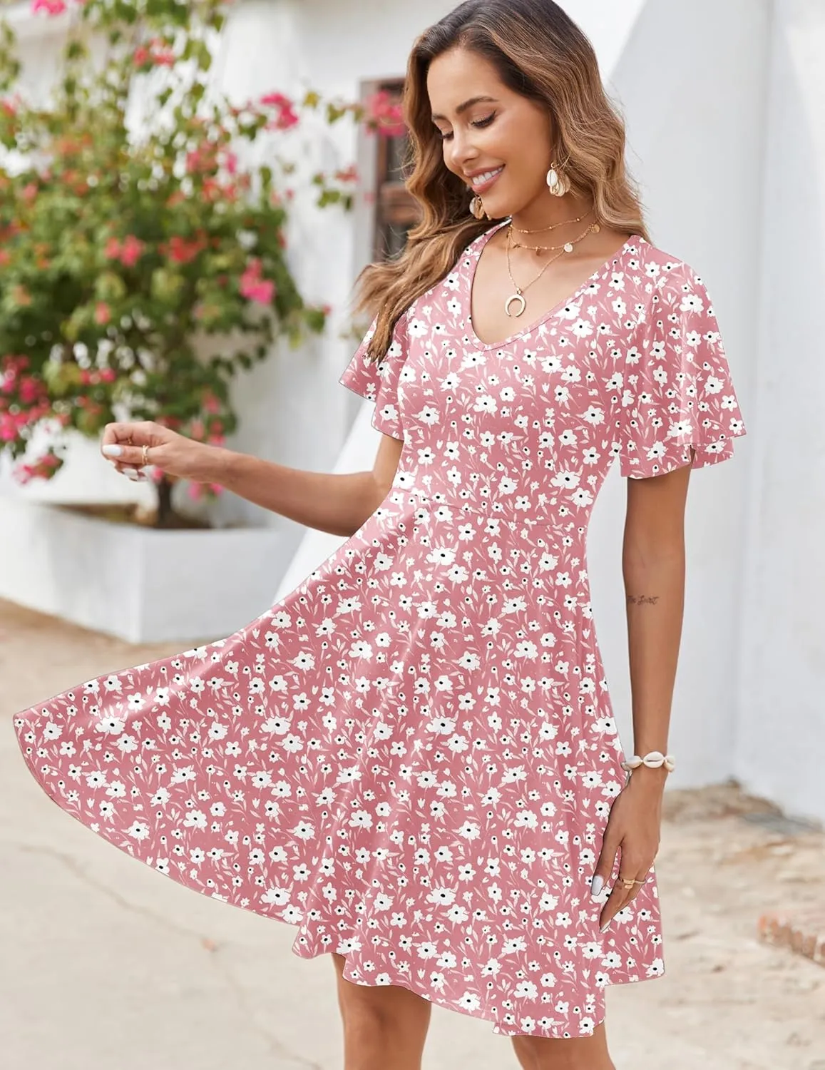 Zeagoo Womens Casual Swing Floral Ruffle Short Sleeve Sundresses