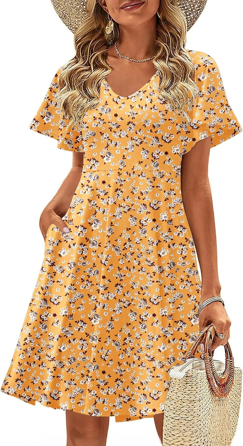 Zeagoo Womens Casual Swing Floral Ruffle Short Sleeve Sundresses