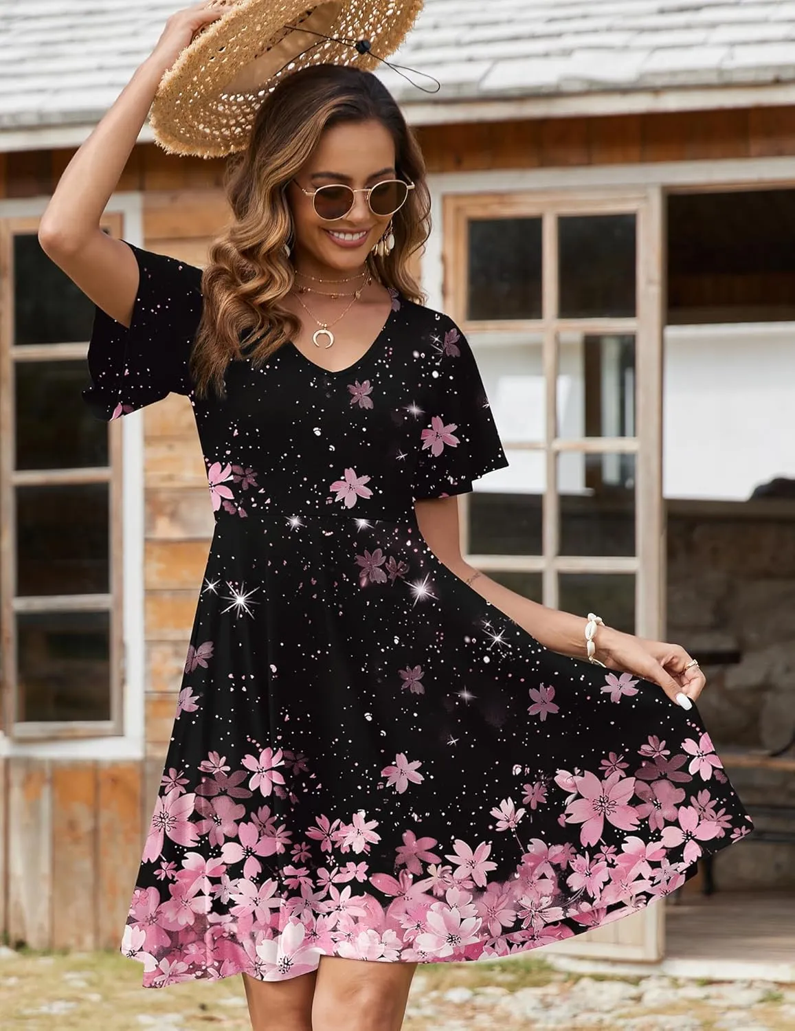 Zeagoo Womens Casual Swing Floral Ruffle Short Sleeve Sundresses