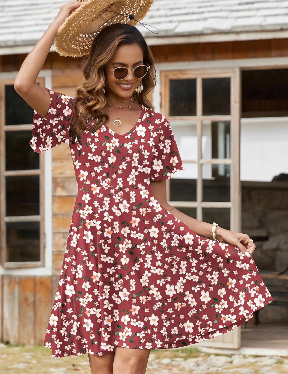 Zeagoo Womens Casual Swing Floral Ruffle Short Sleeve Sundresses