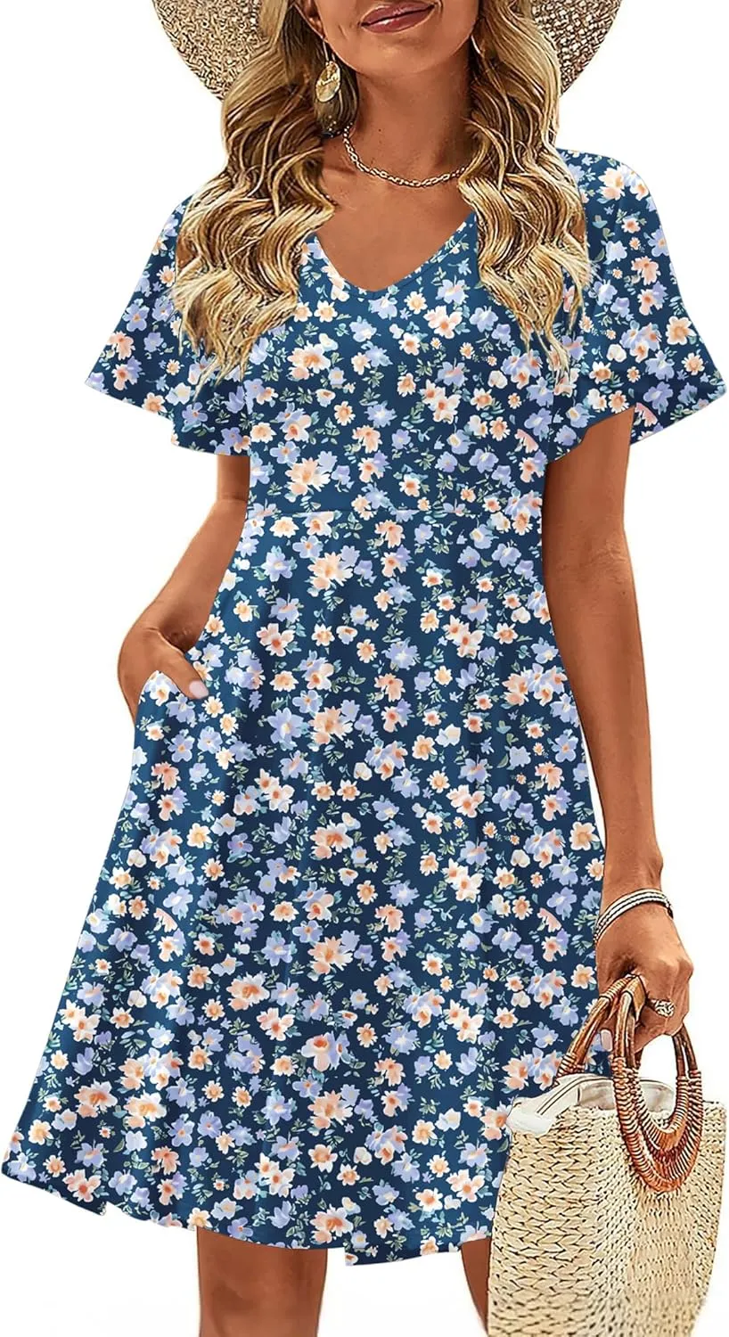 Zeagoo Womens Casual Swing Floral Ruffle Short Sleeve Sundresses