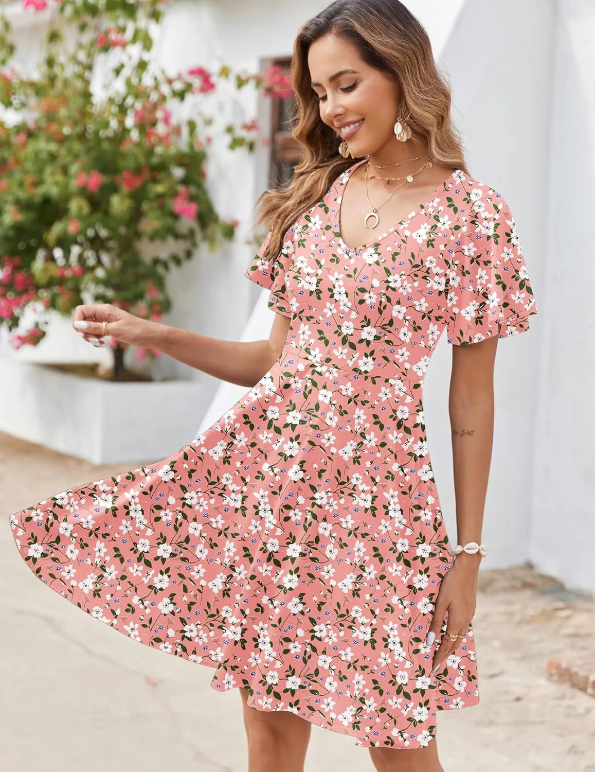 Zeagoo Womens Casual Swing Floral Ruffle Short Sleeve Sundresses