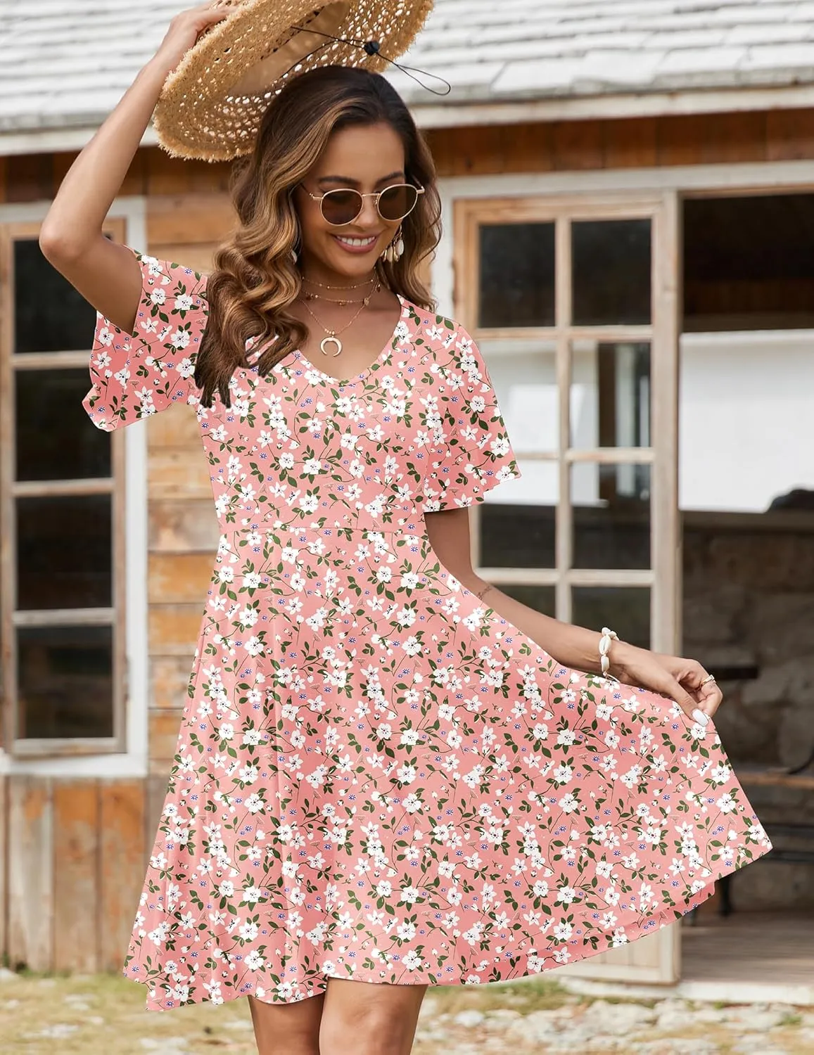 Zeagoo Womens Casual Swing Floral Ruffle Short Sleeve Sundresses