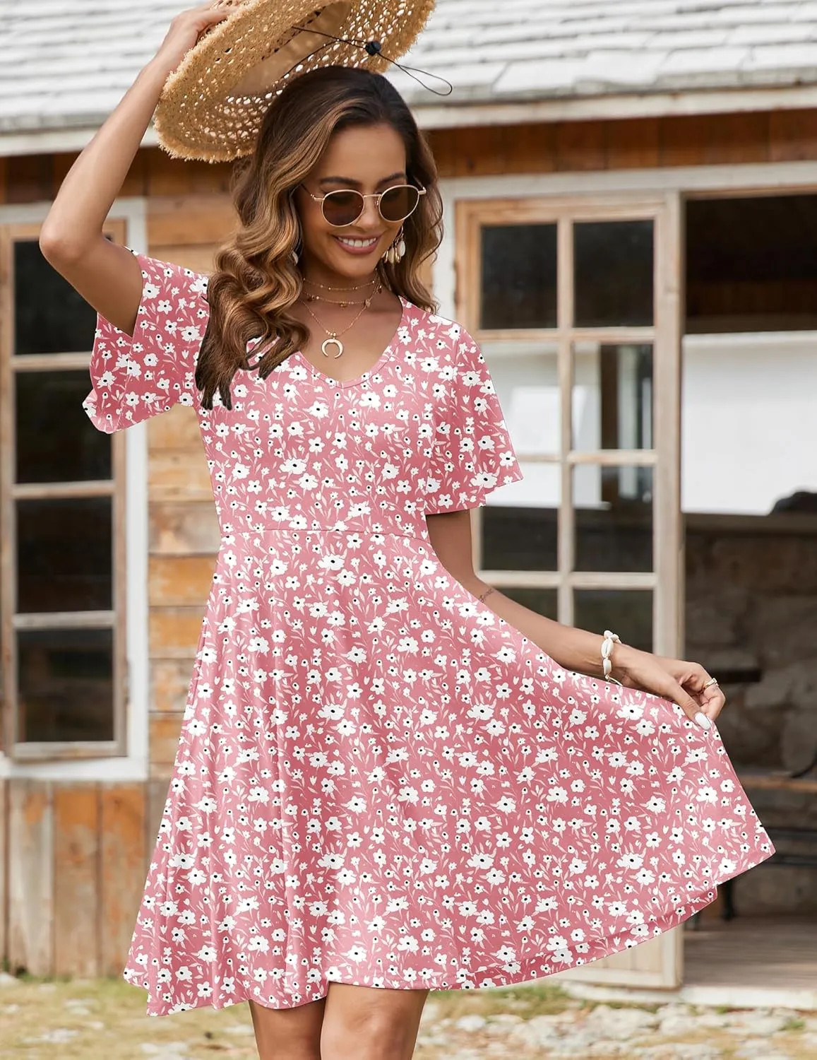 Zeagoo Womens Casual Swing Floral Ruffle Short Sleeve Sundresses