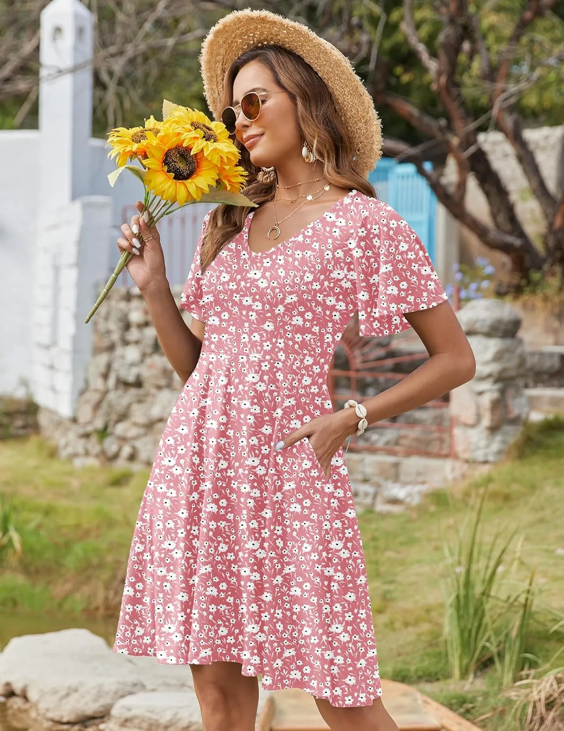 Zeagoo Womens Casual Swing Floral Ruffle Short Sleeve Sundresses