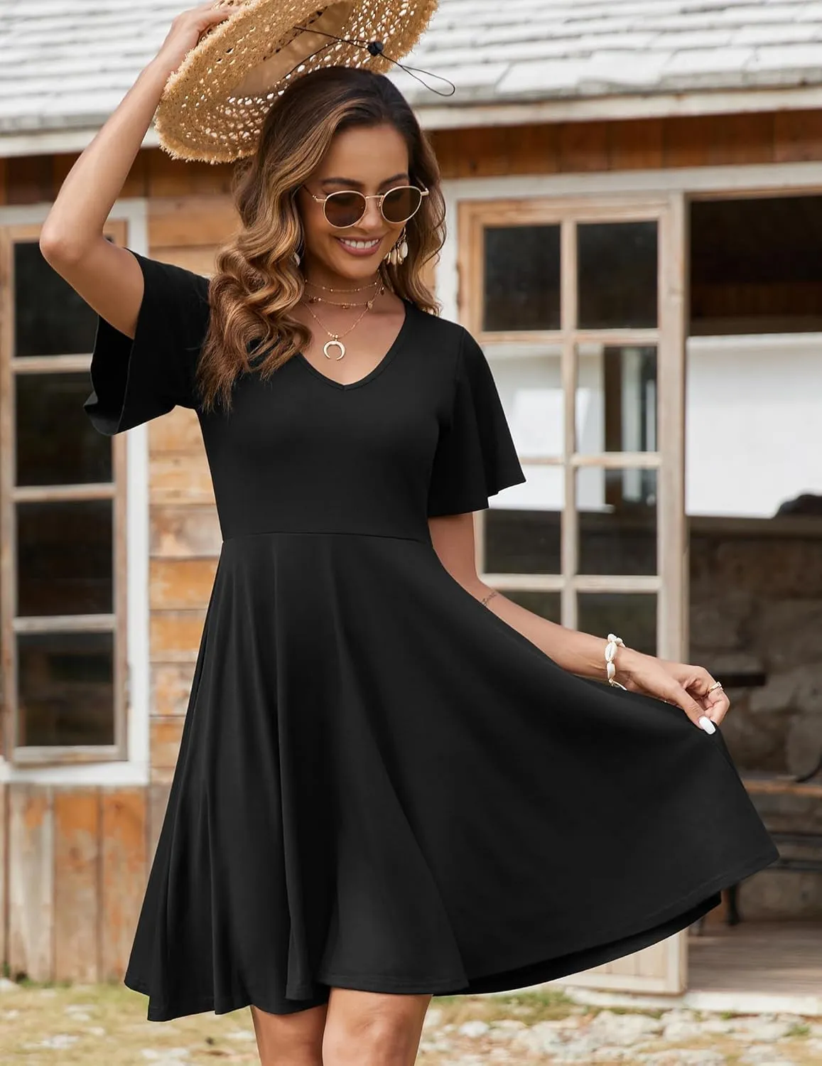 Zeagoo Womens Casual Swing Floral Ruffle Short Sleeve Sundresses