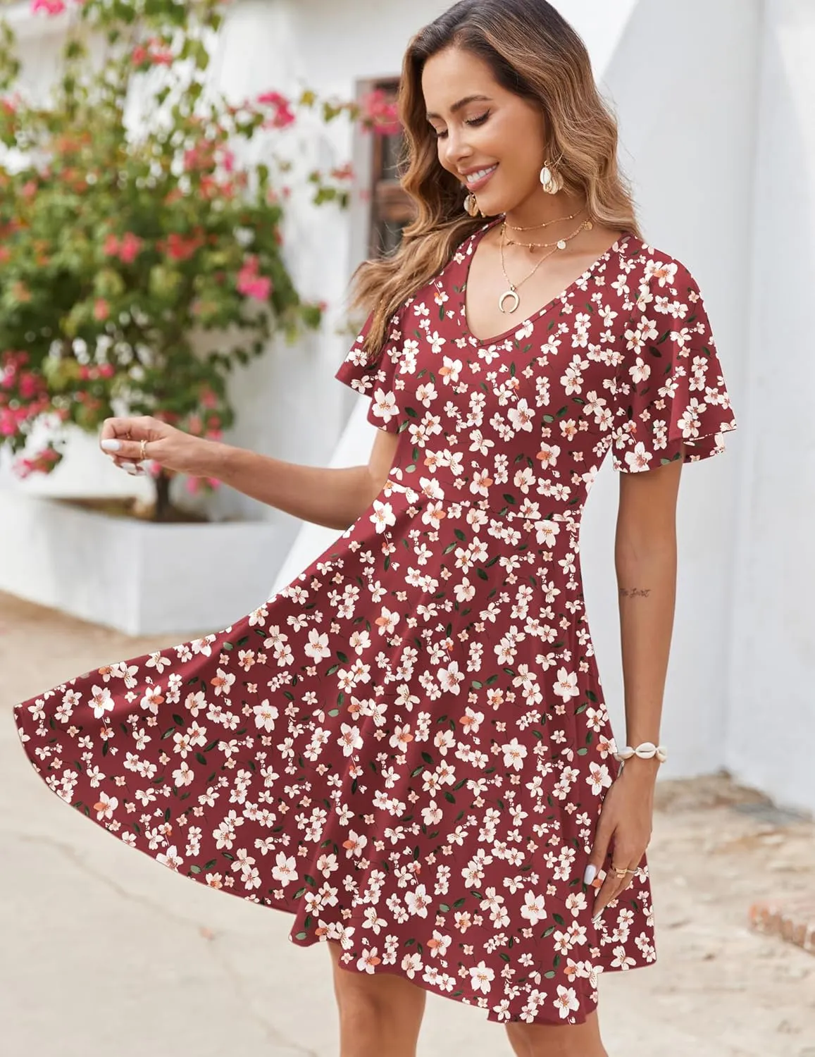 Zeagoo Womens Casual Swing Floral Ruffle Short Sleeve Sundresses