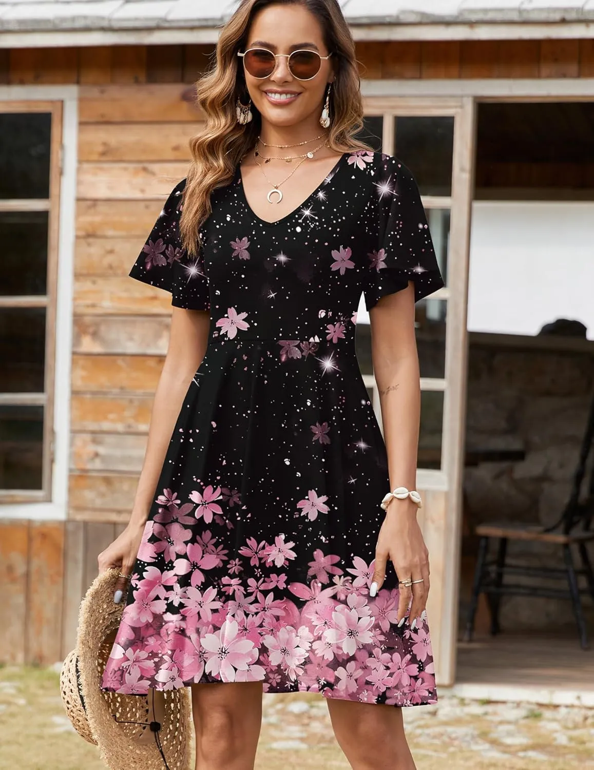Zeagoo Womens Casual Swing Floral Ruffle Short Sleeve Sundresses