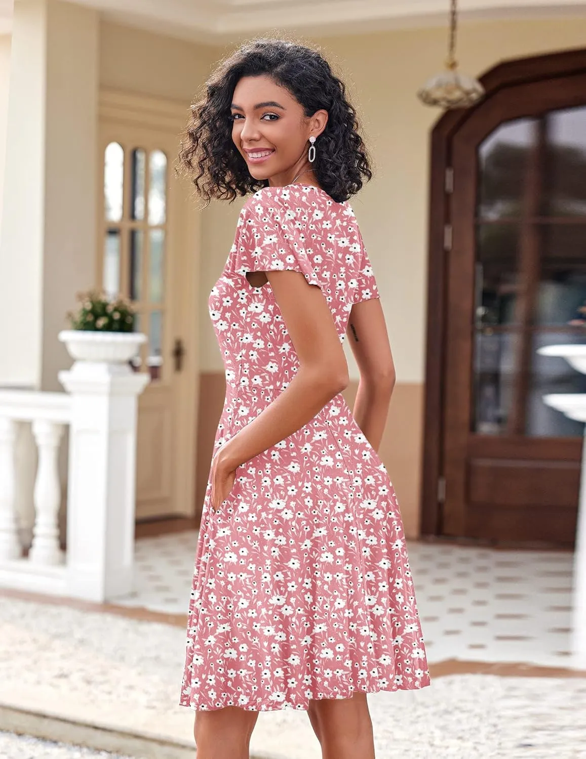 Zeagoo Womens Casual Swing Floral Ruffle Short Sleeve Sundresses