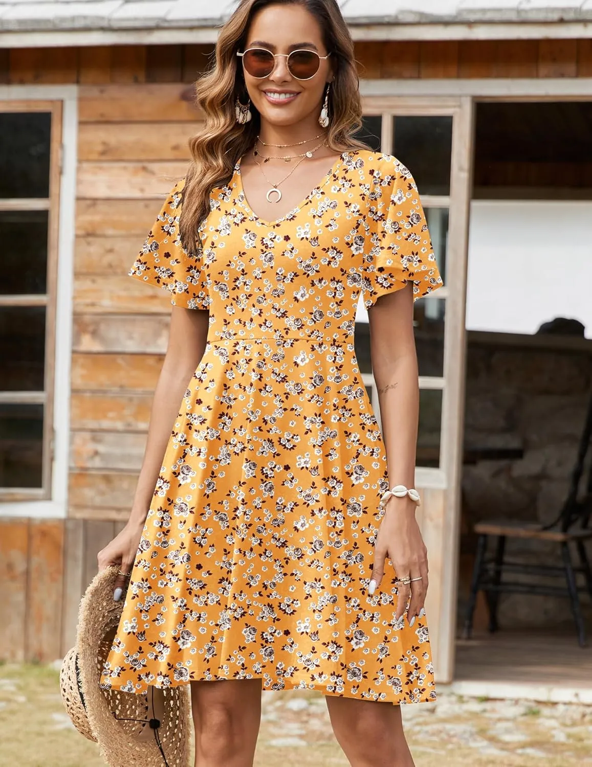 Zeagoo Womens Casual Swing Floral Ruffle Short Sleeve Sundresses