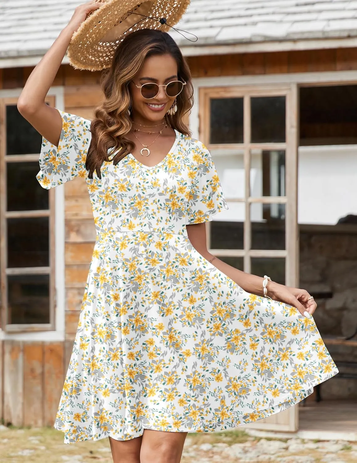 Zeagoo Womens Casual Swing Floral Ruffle Short Sleeve Sundresses
