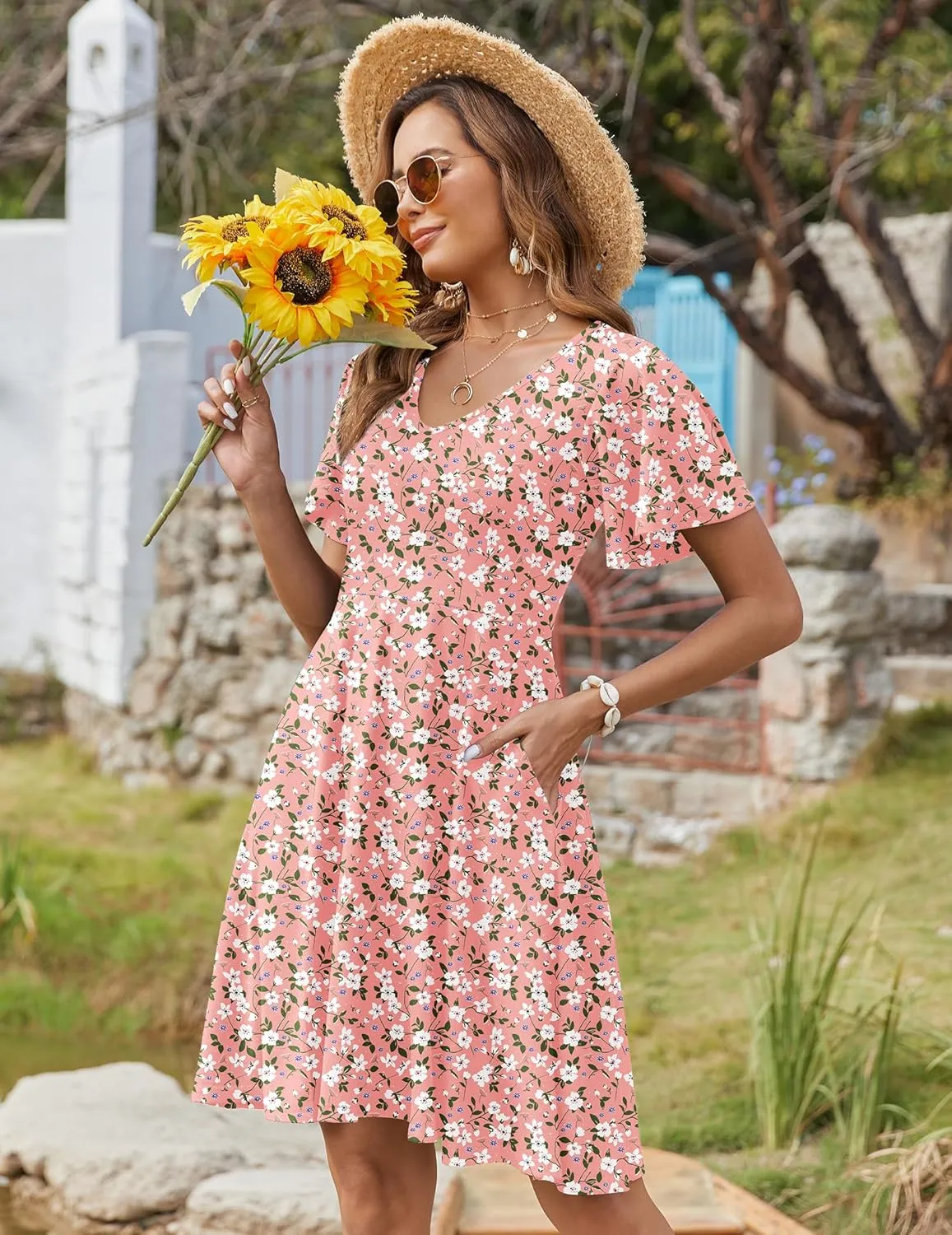 Zeagoo Womens Casual Swing Floral Ruffle Short Sleeve Sundresses