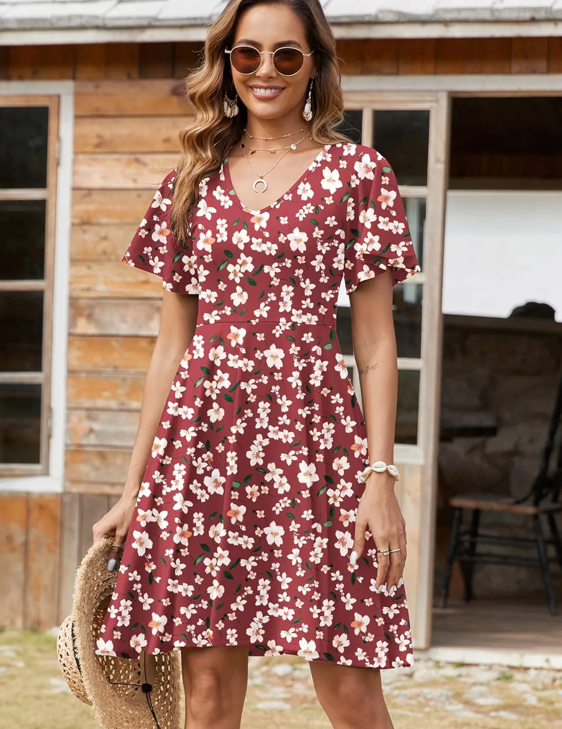 Zeagoo Womens Casual Swing Floral Ruffle Short Sleeve Sundresses