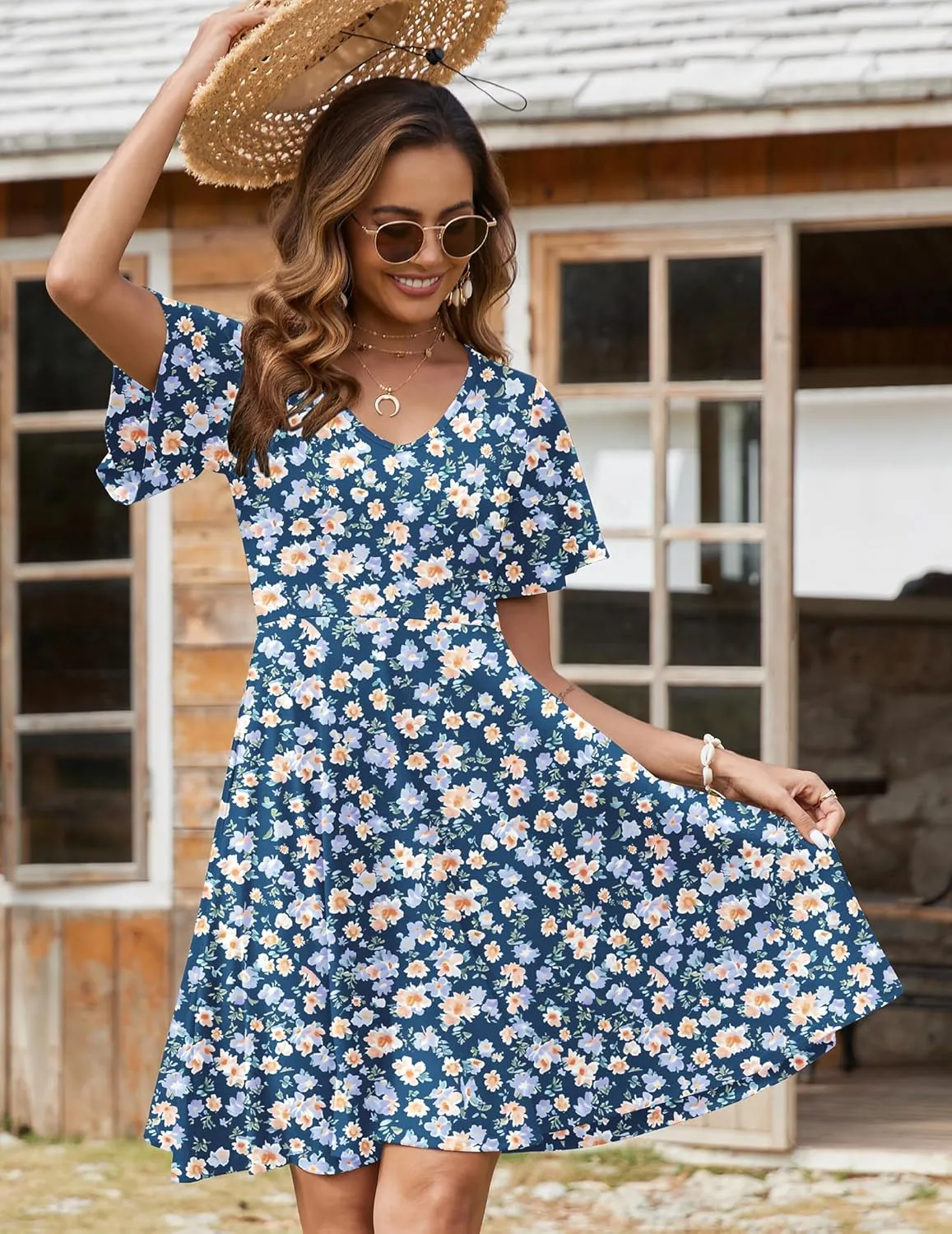 Zeagoo Womens Casual Swing Floral Ruffle Short Sleeve Sundresses