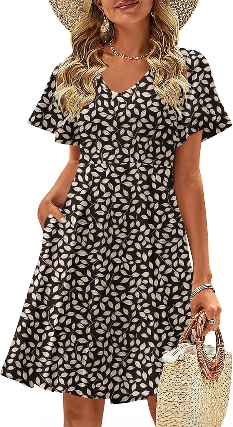 Zeagoo Womens Casual Swing Floral Ruffle Short Sleeve Sundresses