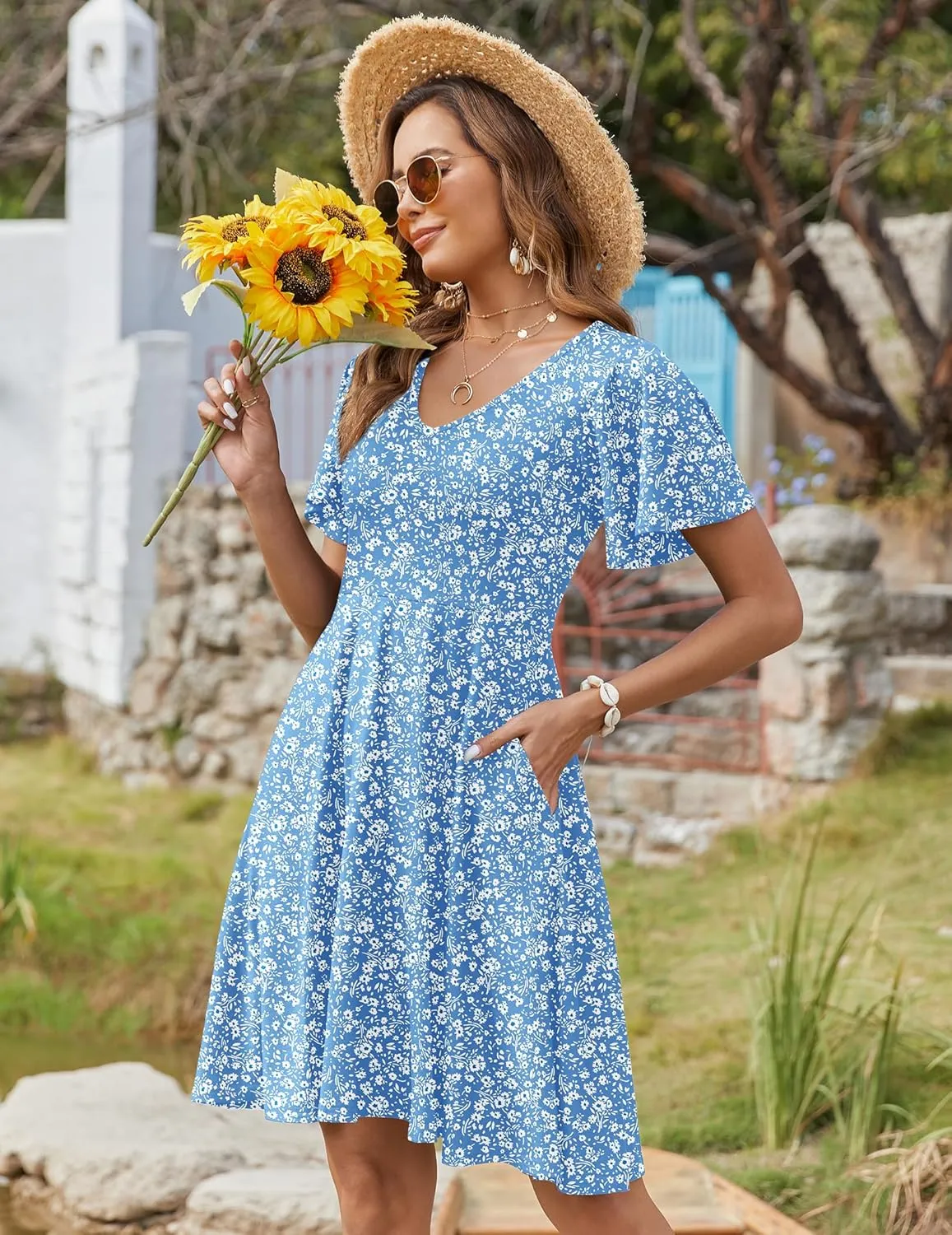 Zeagoo Womens Casual Swing Floral Ruffle Short Sleeve Sundresses