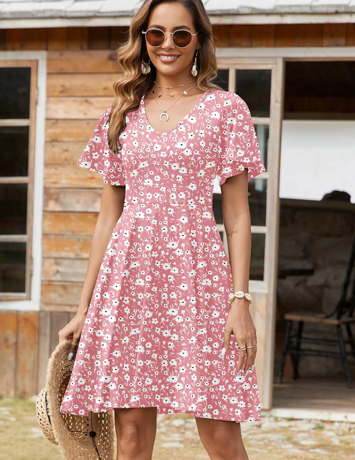 Zeagoo Womens Casual Swing Floral Ruffle Short Sleeve Sundresses