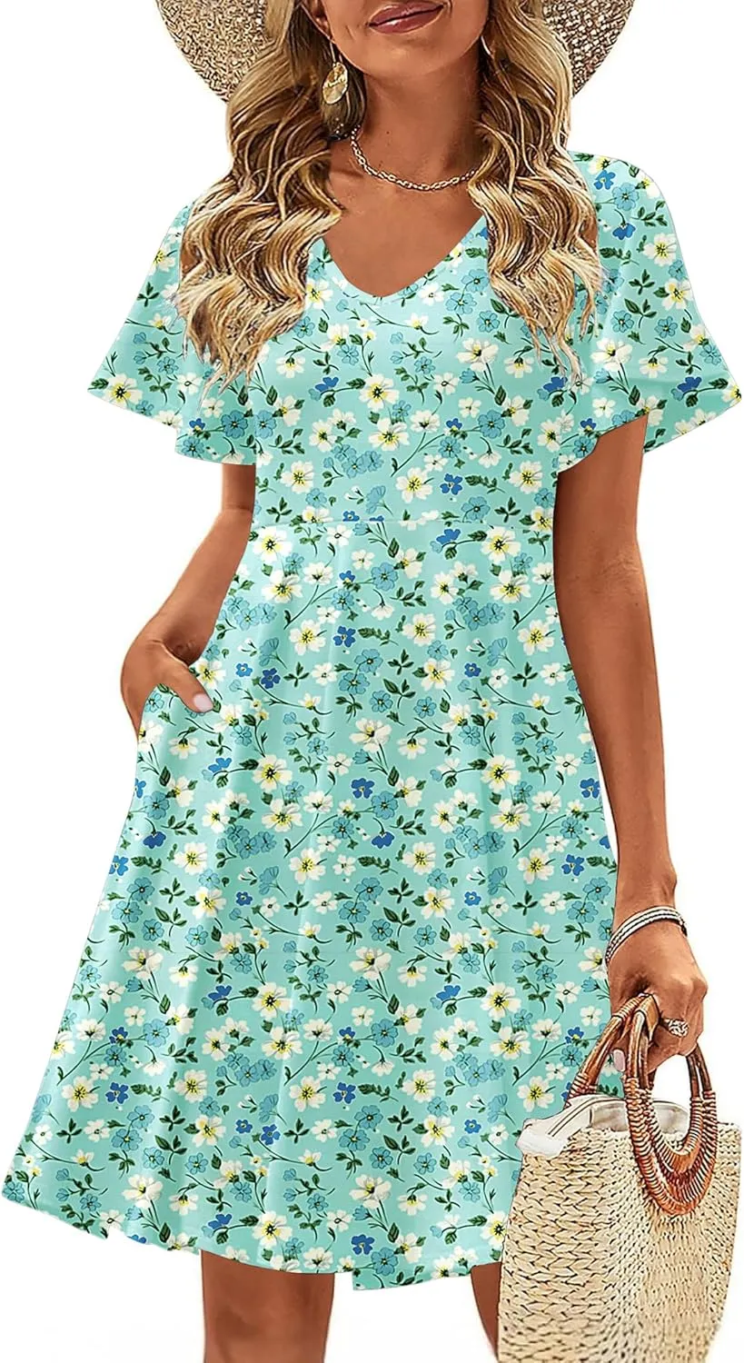 Zeagoo Womens Casual Swing Floral Ruffle Short Sleeve Sundresses