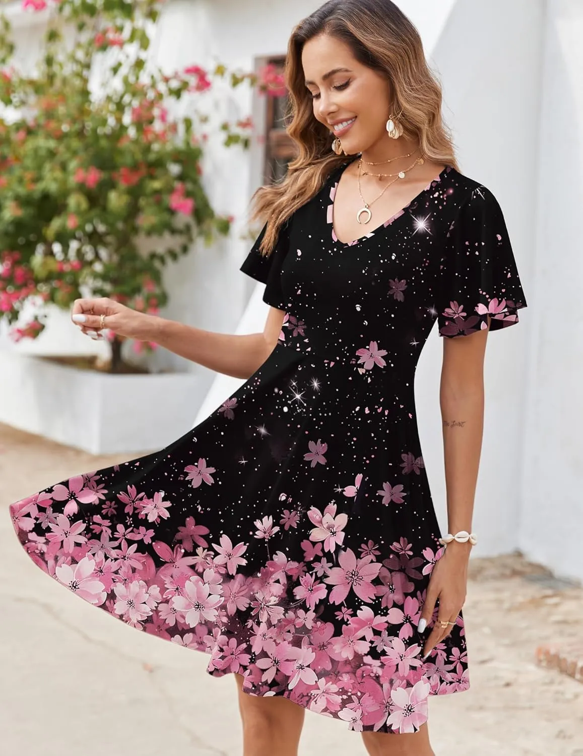 Zeagoo Womens Casual Swing Floral Ruffle Short Sleeve Sundresses