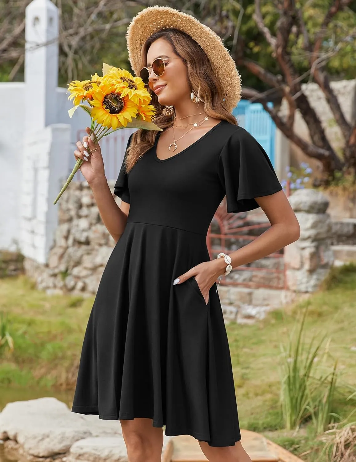 Zeagoo Womens Casual Swing Floral Ruffle Short Sleeve Sundresses