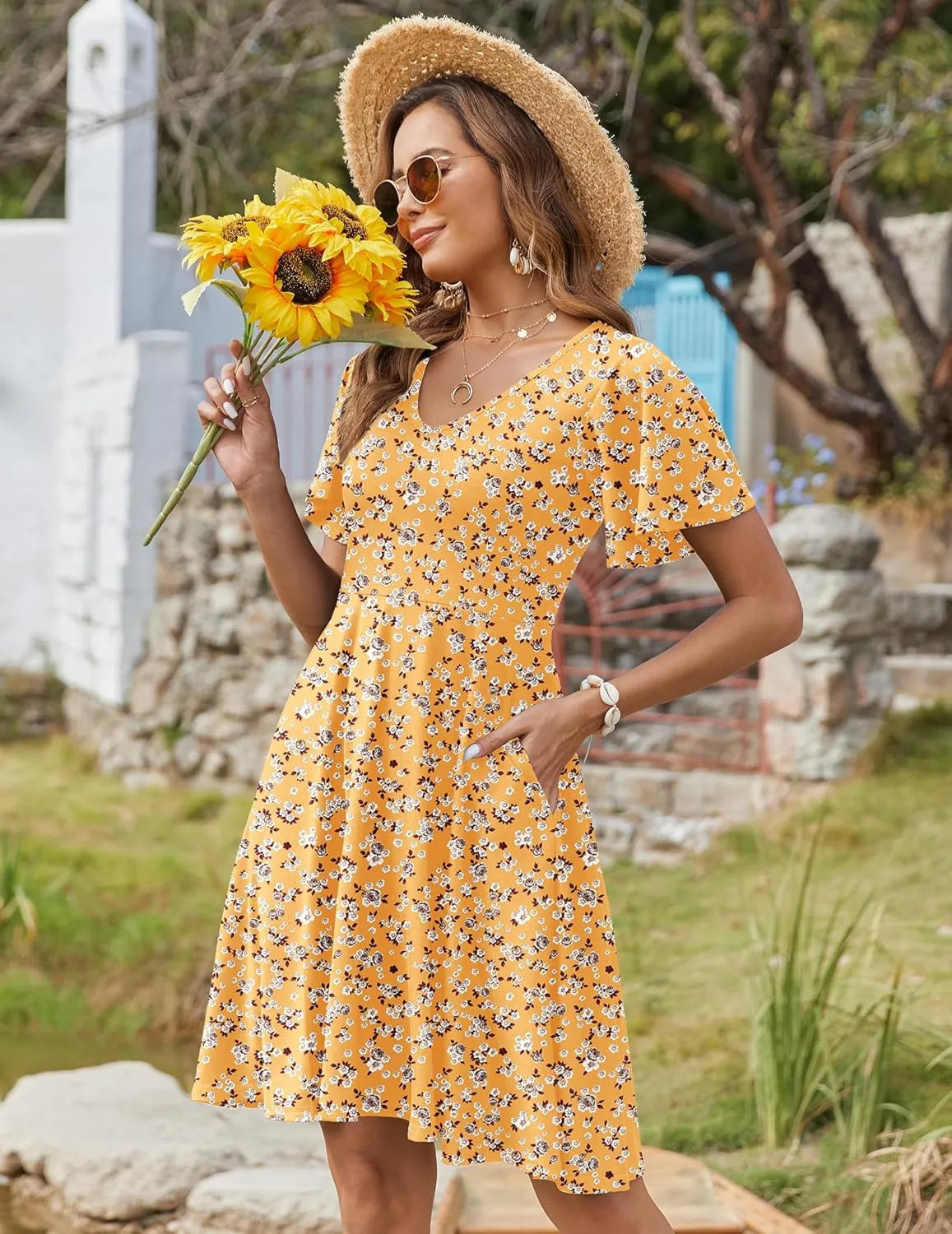 Zeagoo Womens Casual Swing Floral Ruffle Short Sleeve Sundresses