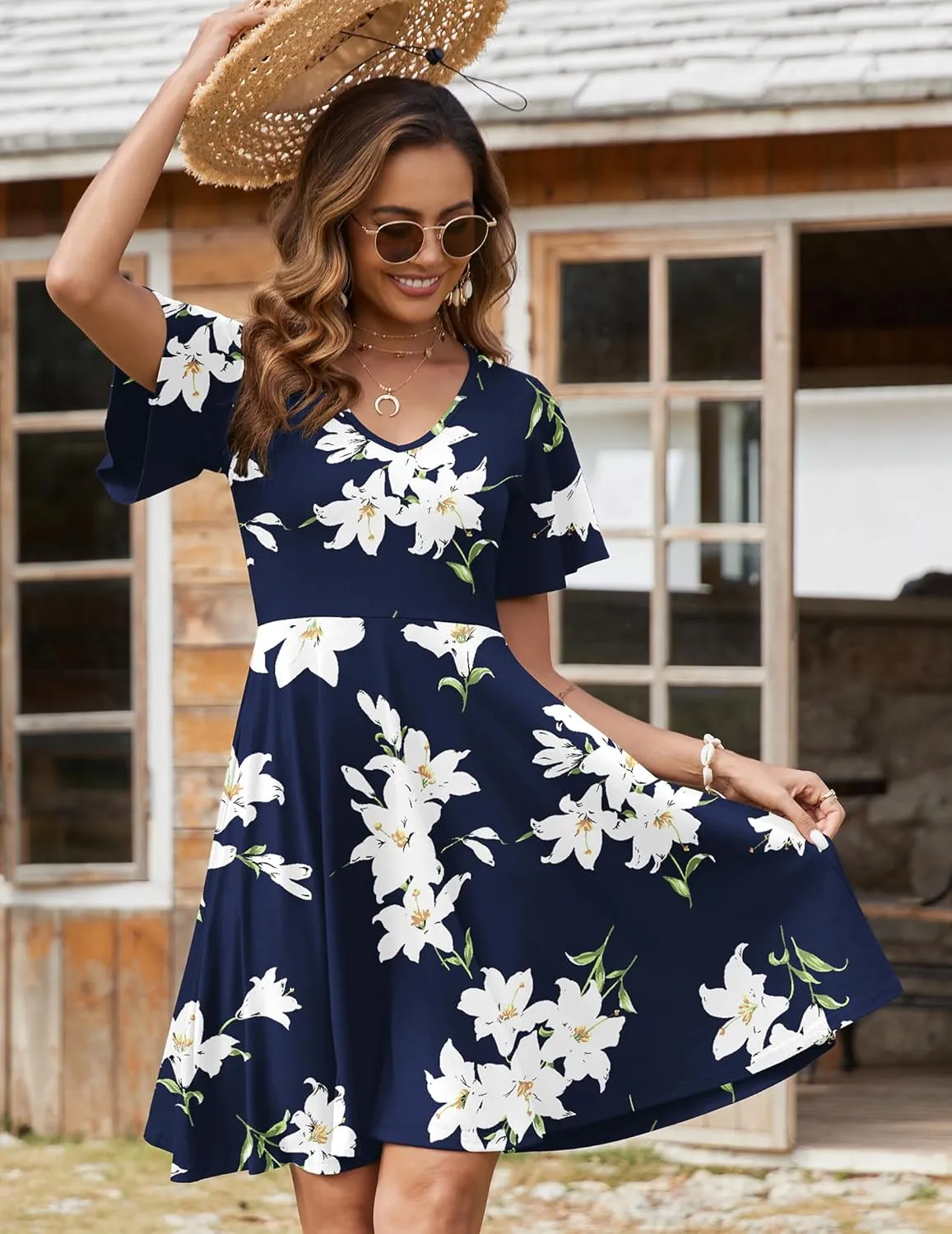 Zeagoo Womens Casual Swing Floral Ruffle Short Sleeve Sundresses
