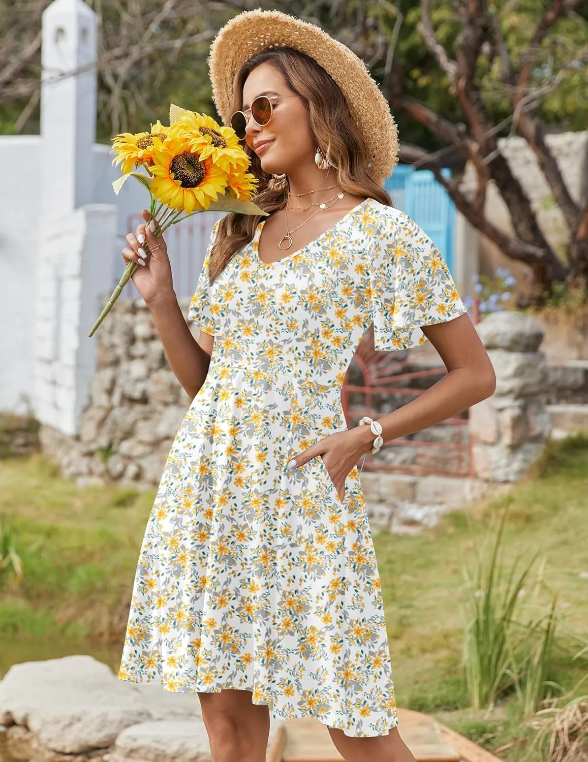 Zeagoo Womens Casual Swing Floral Ruffle Short Sleeve Sundresses