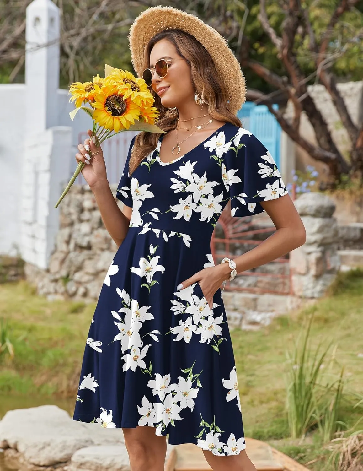 Zeagoo Womens Casual Swing Floral Ruffle Short Sleeve Sundresses