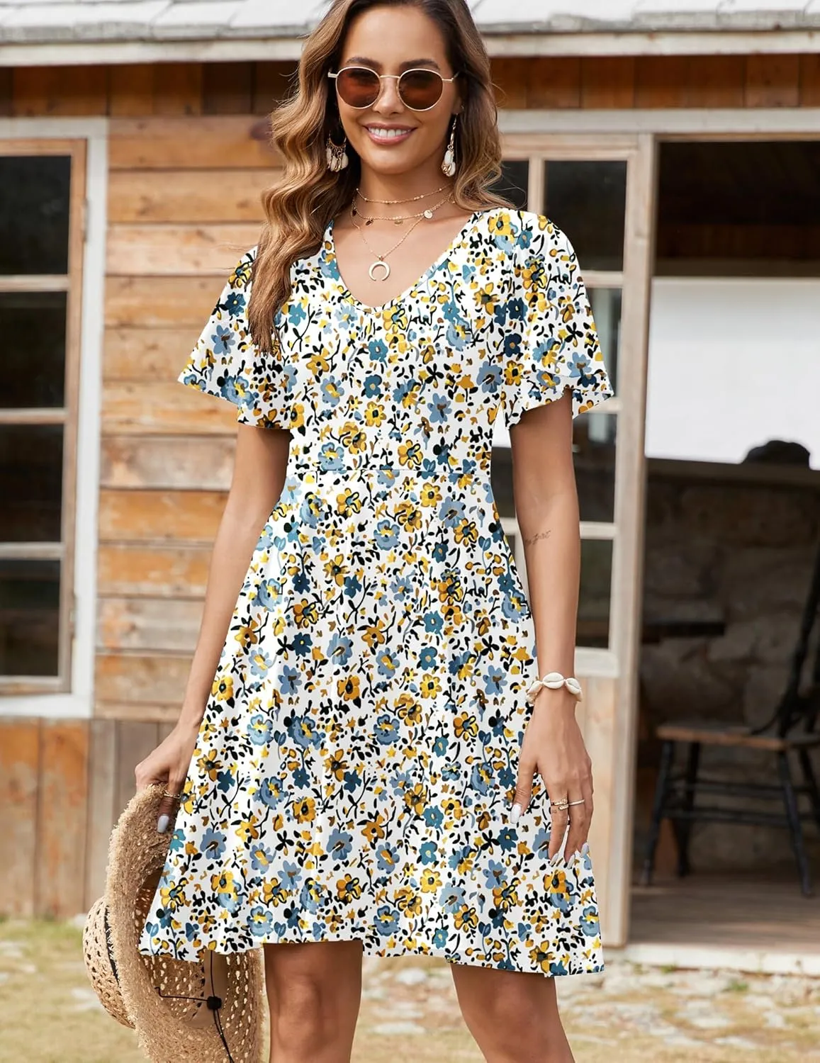 Zeagoo Womens Casual Swing Floral Ruffle Short Sleeve Sundresses