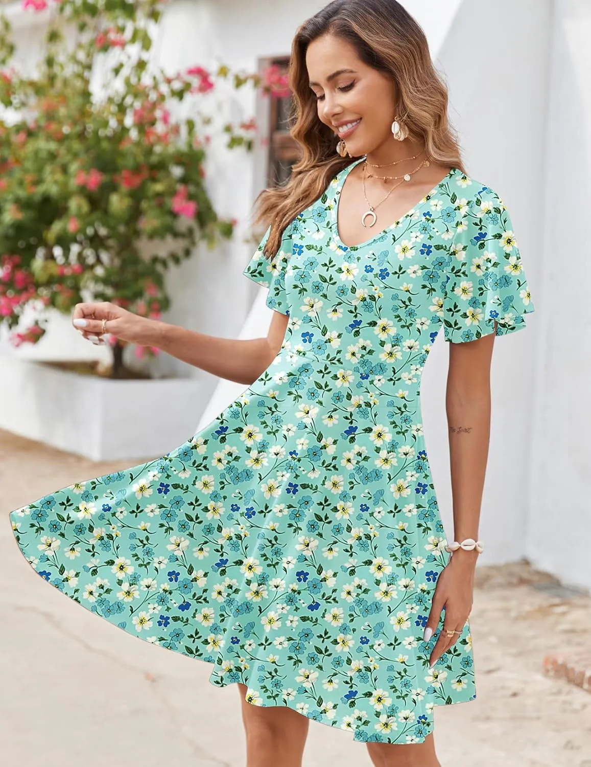 Zeagoo Womens Casual Swing Floral Ruffle Short Sleeve Sundresses