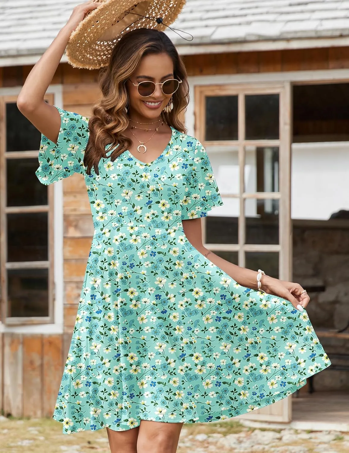 Zeagoo Womens Casual Swing Floral Ruffle Short Sleeve Sundresses