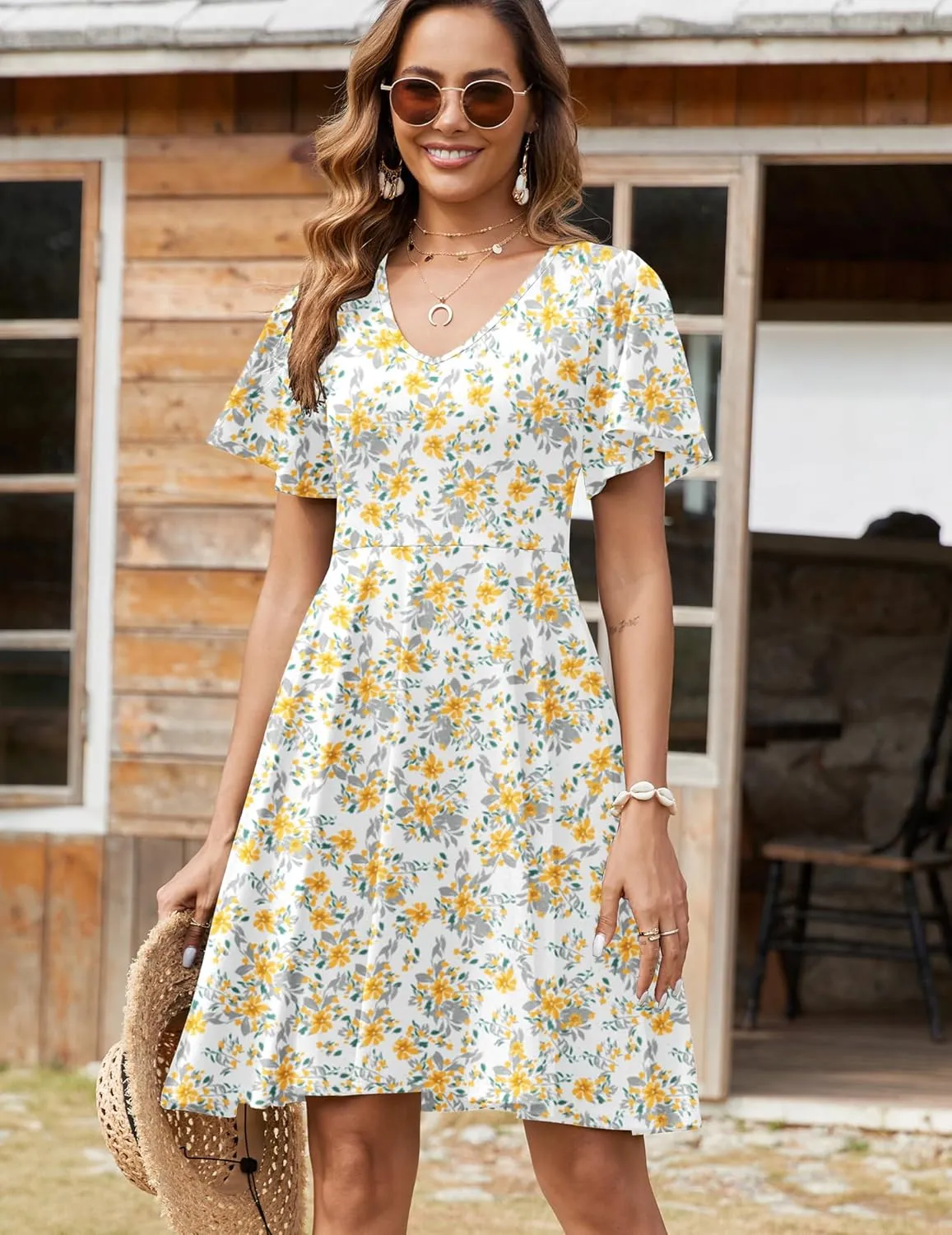 Zeagoo Womens Casual Swing Floral Ruffle Short Sleeve Sundresses