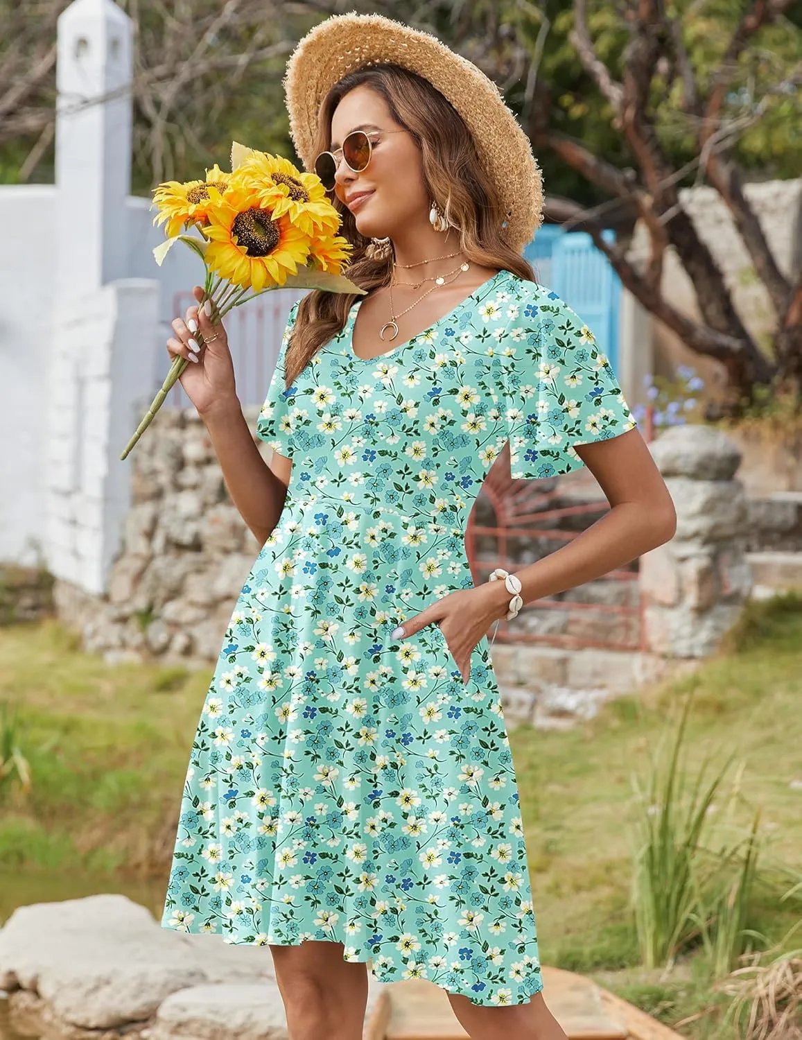 Zeagoo Womens Casual Swing Floral Ruffle Short Sleeve Sundresses