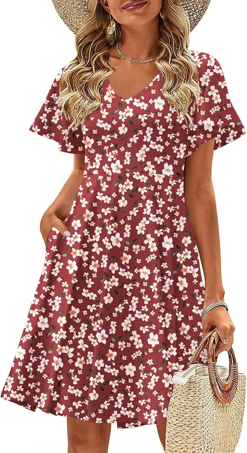 Zeagoo Womens Casual Swing Floral Ruffle Short Sleeve Sundresses
