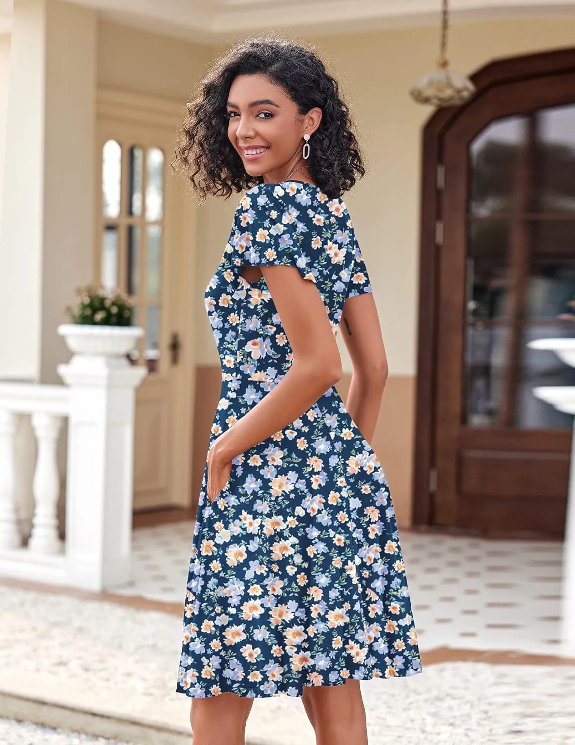 Zeagoo Womens Casual Swing Floral Ruffle Short Sleeve Sundresses