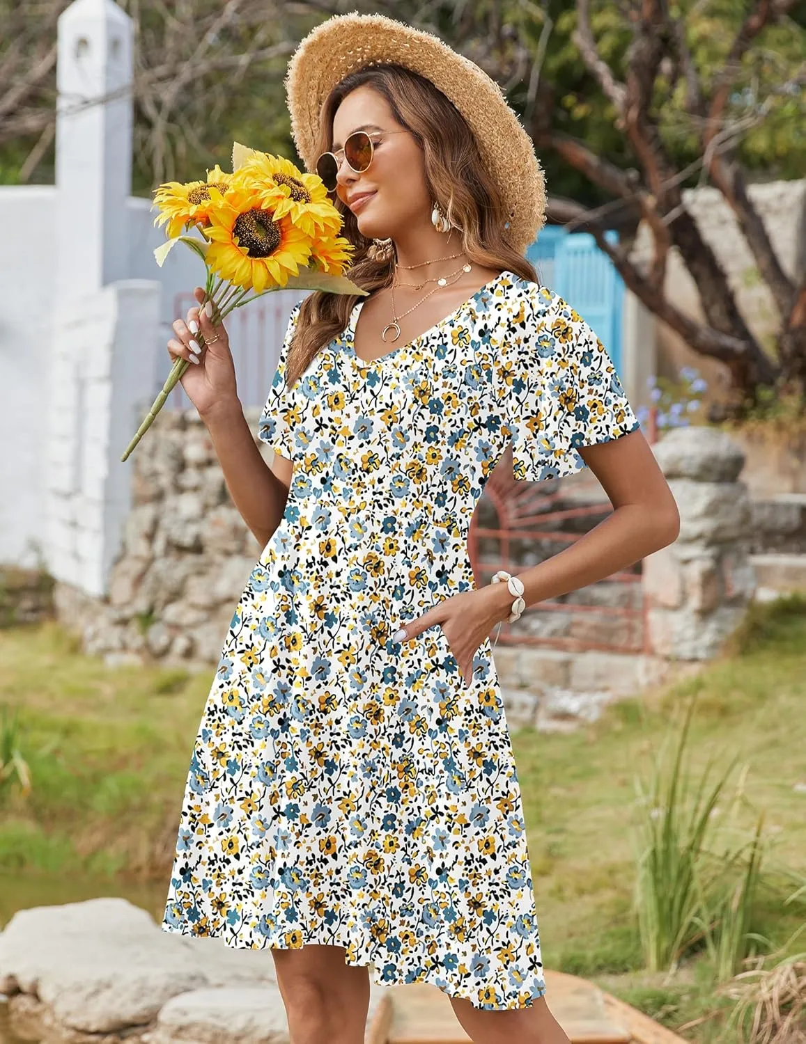 Zeagoo Womens Casual Swing Floral Ruffle Short Sleeve Sundresses