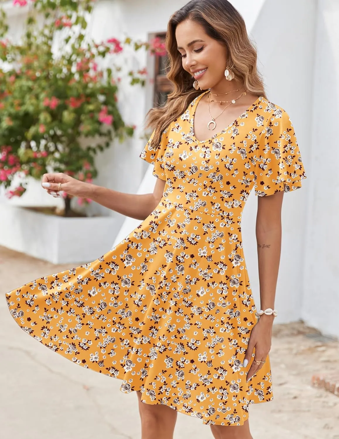 Zeagoo Womens Casual Swing Floral Ruffle Short Sleeve Sundresses