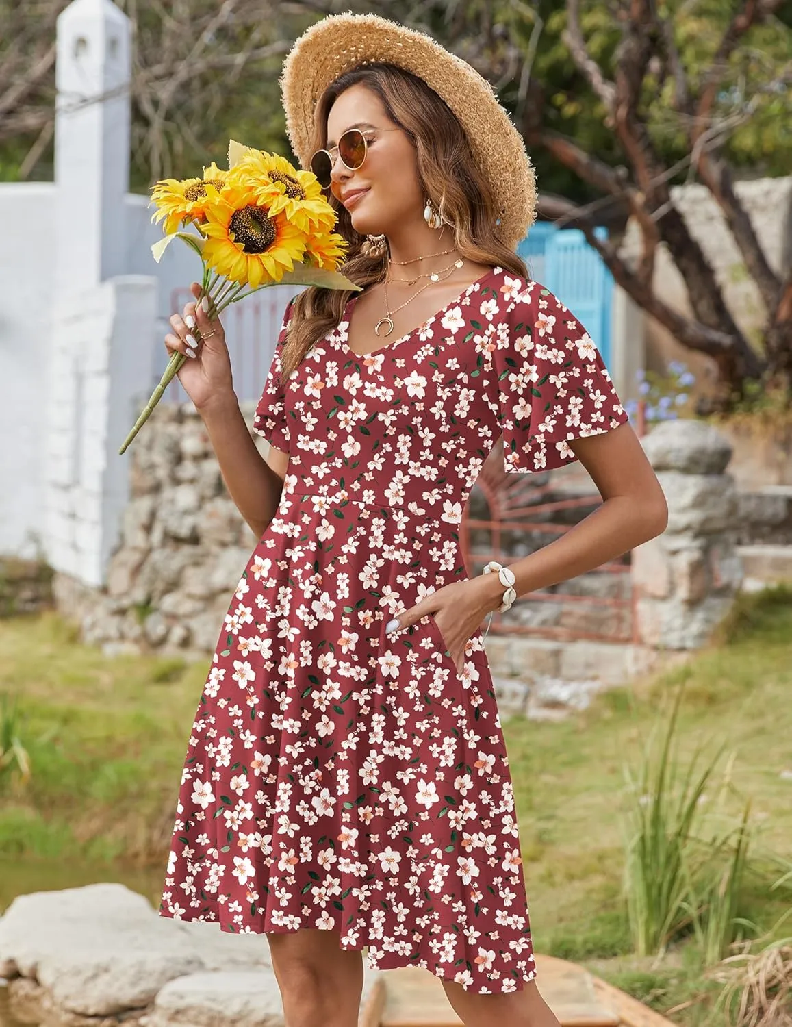 Zeagoo Womens Casual Swing Floral Ruffle Short Sleeve Sundresses