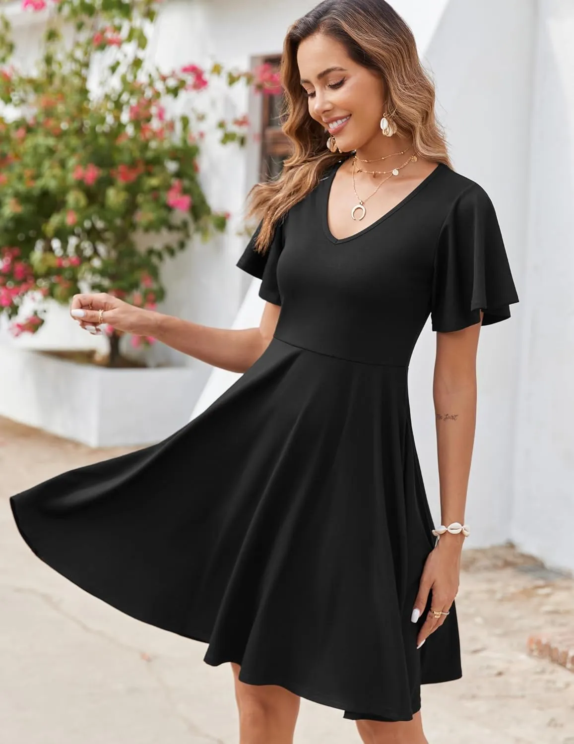 Zeagoo Womens Casual Swing Floral Ruffle Short Sleeve Sundresses