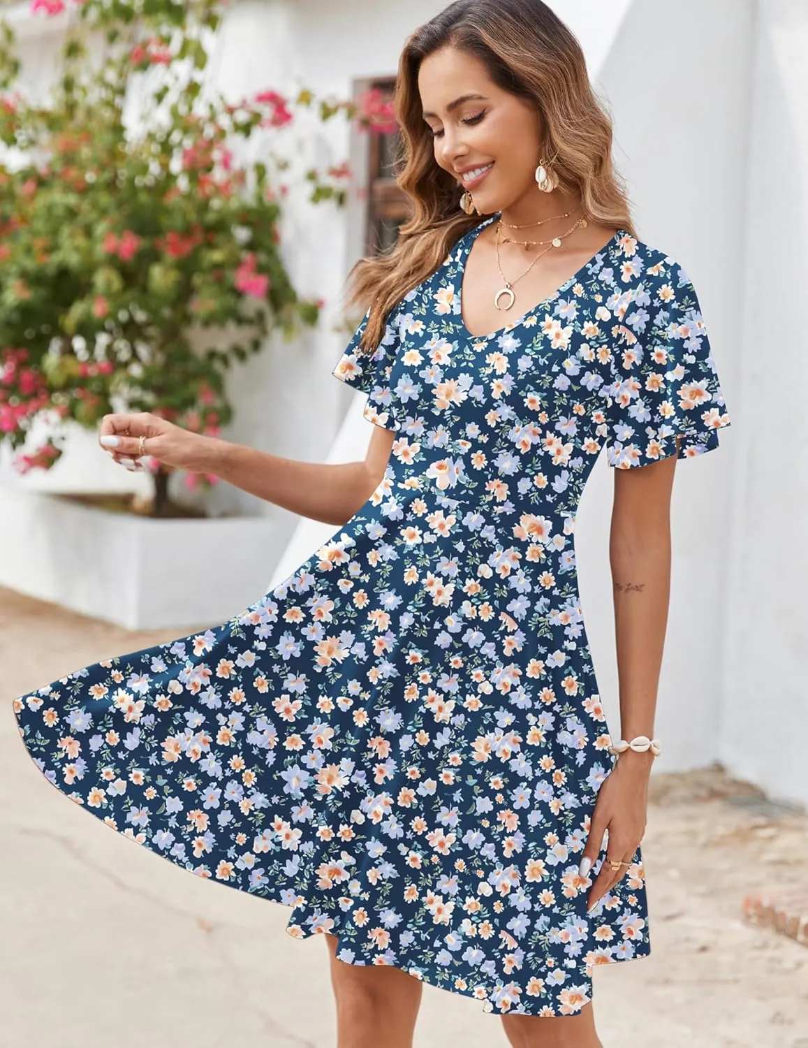 Zeagoo Womens Casual Swing Floral Ruffle Short Sleeve Sundresses