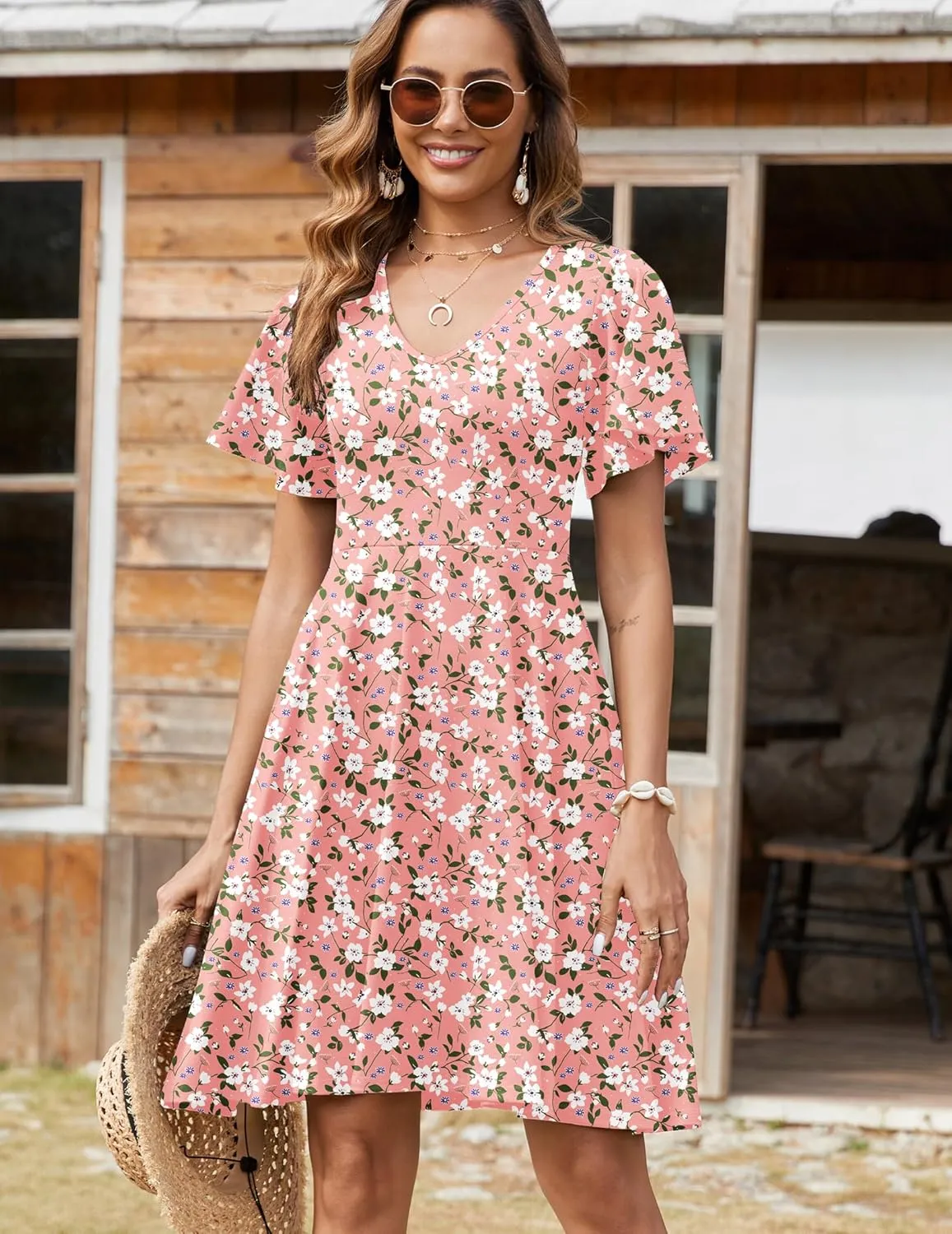 Zeagoo Womens Casual Swing Floral Ruffle Short Sleeve Sundresses