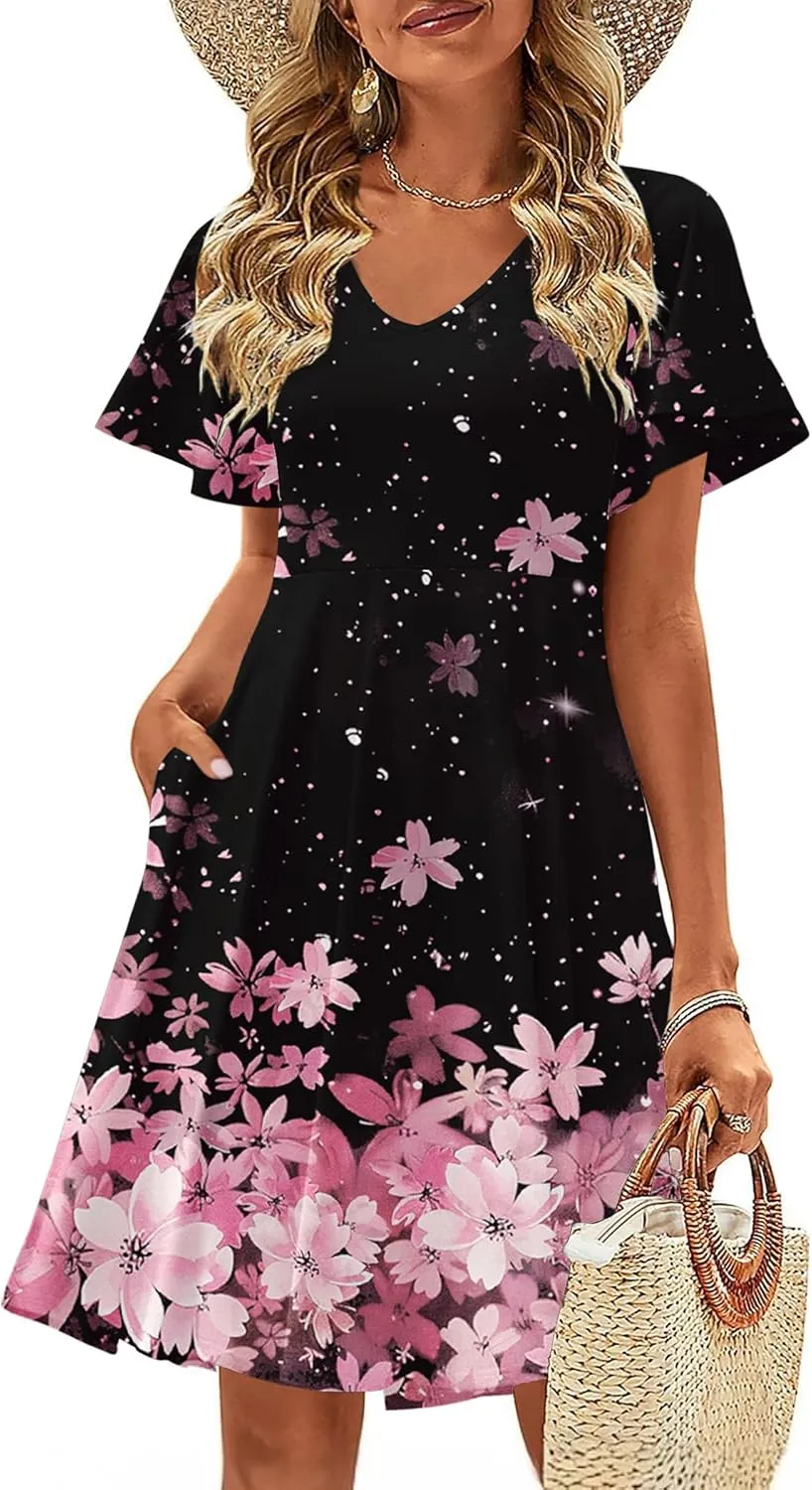 Zeagoo Womens Casual Swing Floral Ruffle Short Sleeve Sundresses